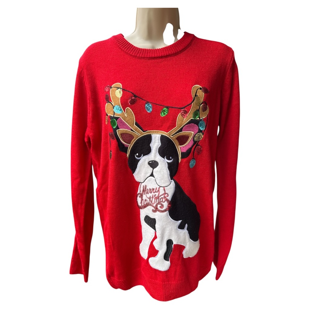Poof! Red Christmas Sweater with Candy Cane Design Large